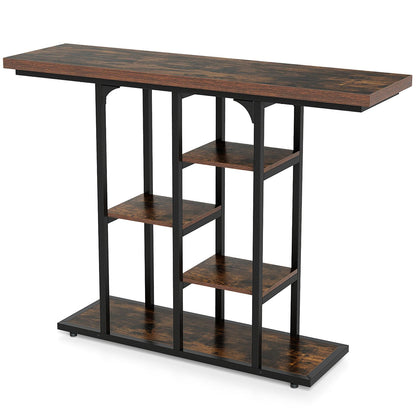 43" Console Table with Storage Shelves and Metal Frame for Entryway Hallway Foyer-Rustic Brown