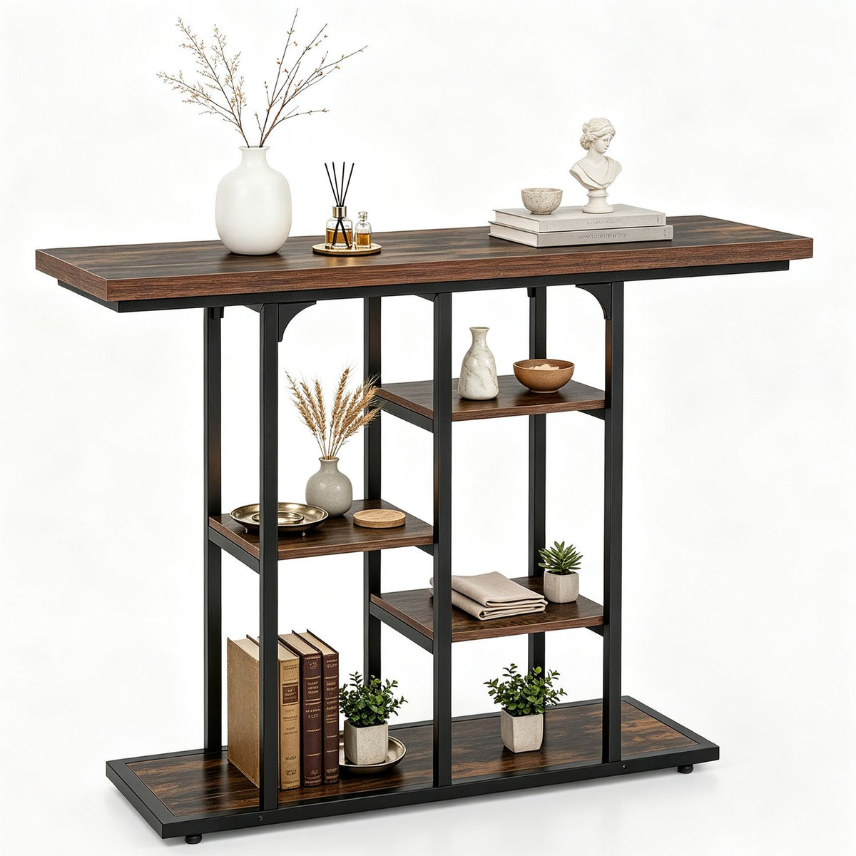 43" Console Table with Storage Shelves and Metal Frame for Entryway Hallway Foyer-Rustic Brown