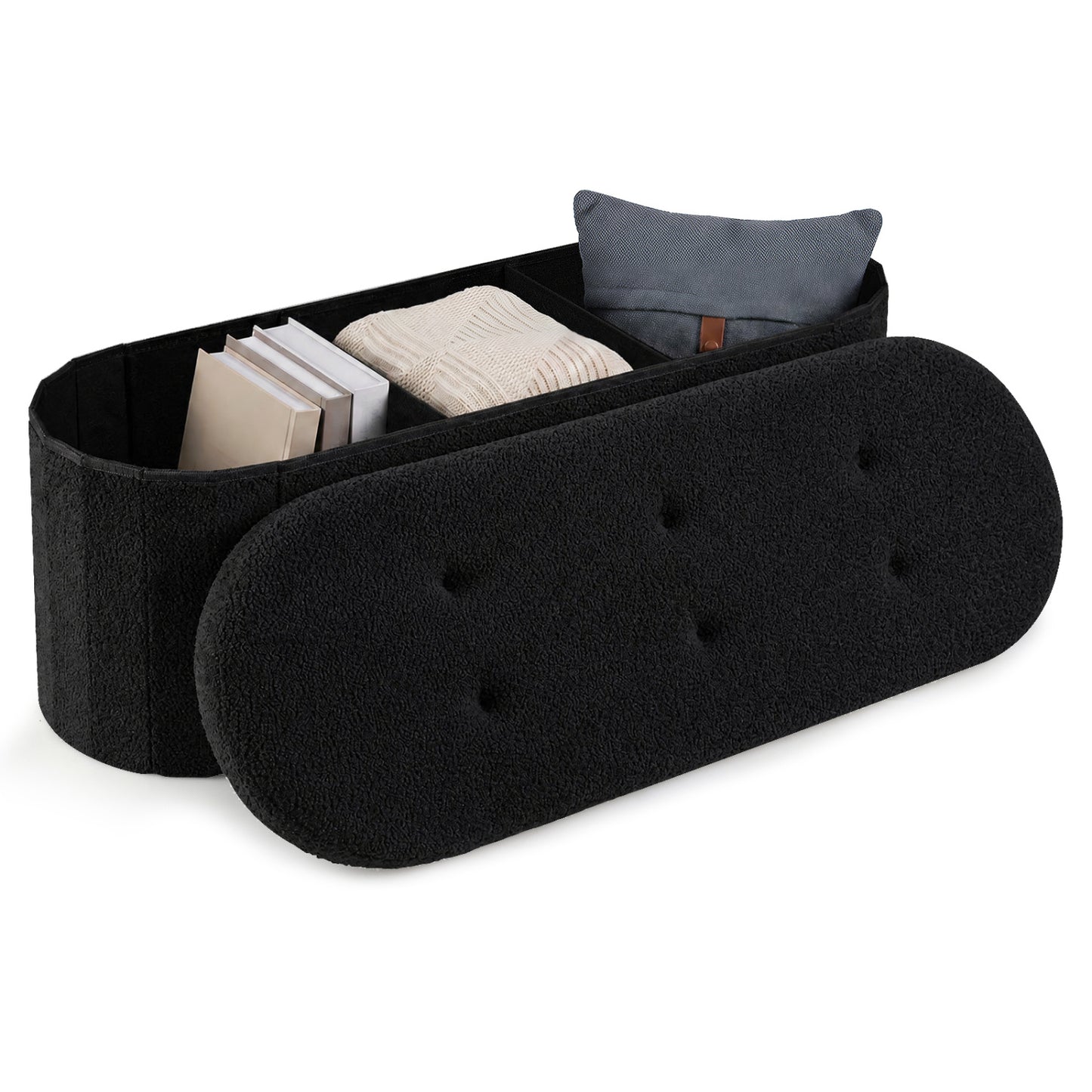 43" Folding Teddy Storage Ottoman Bench with Dividers for Living Room and Bedroom-Beige