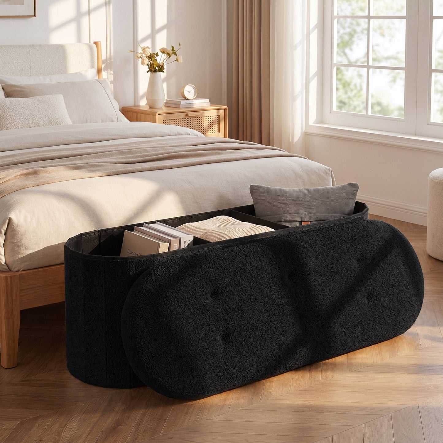 43" Folding Teddy Storage Ottoman Bench with Dividers for Living Room and Bedroom-Beige