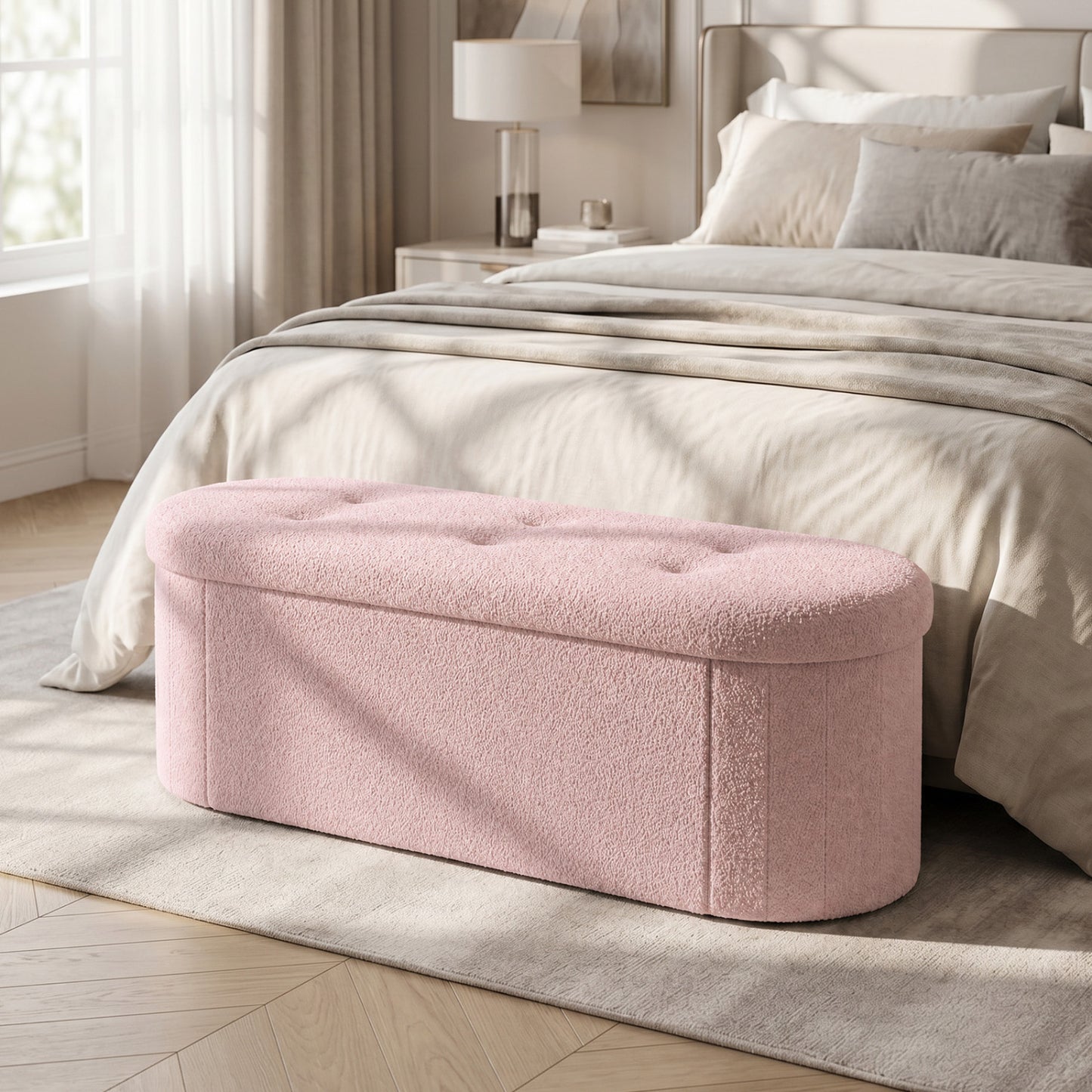 43" Folding Teddy Storage Ottoman Bench with Dividers for Living Room and Bedroom-Beige