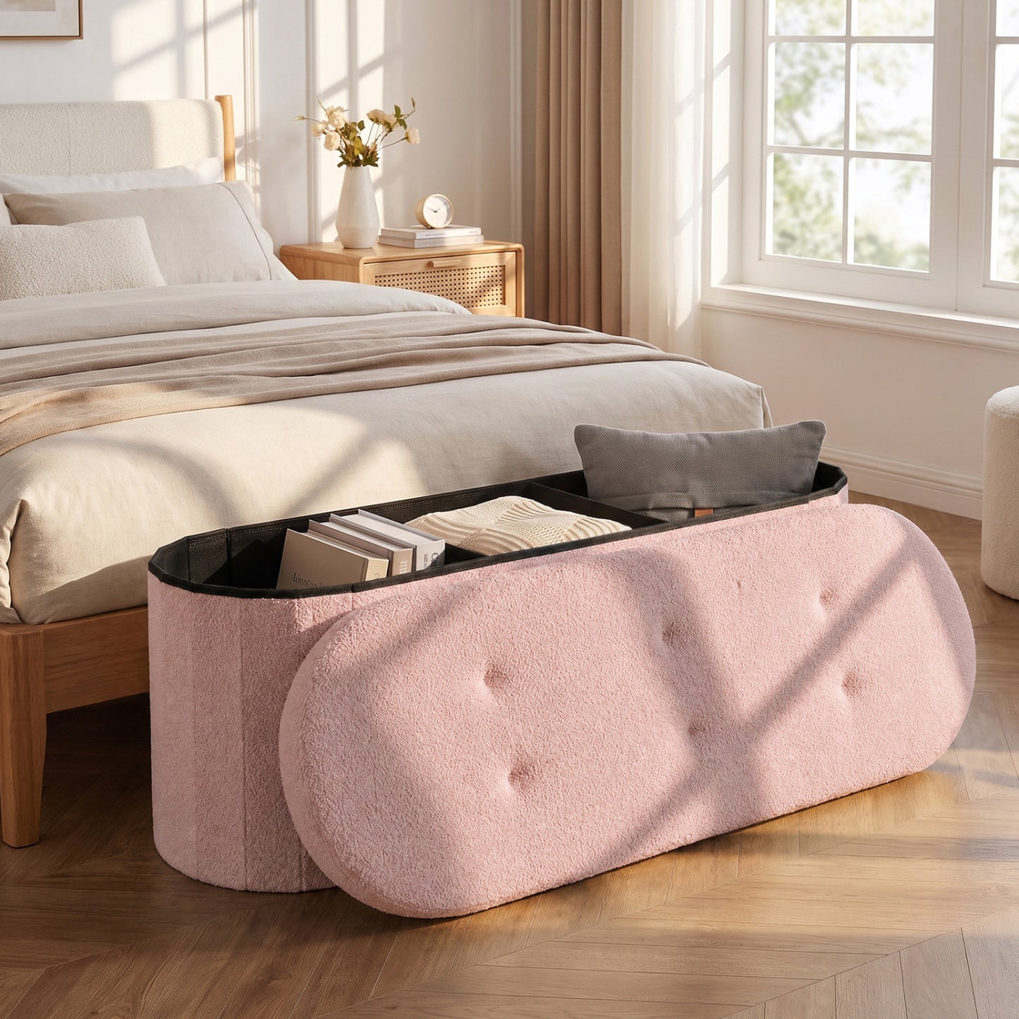 43" Folding Teddy Storage Ottoman Bench with Dividers for Living Room and Bedroom-Beige