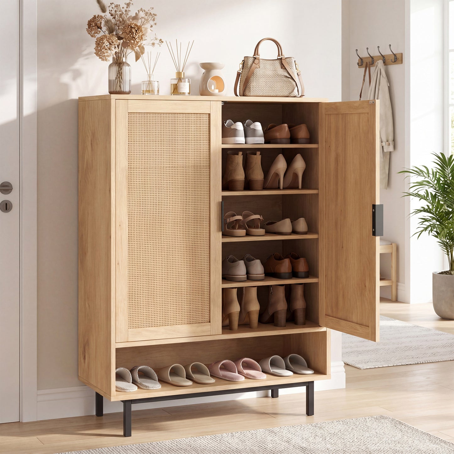 43-inch tall shoe cabinet with six tiers and double doors, natural wood finish, for entryway shoe storage.