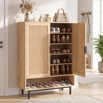 43-inch tall shoe cabinet with six tiers and double doors, natural wood finish, for entryway shoe storage.