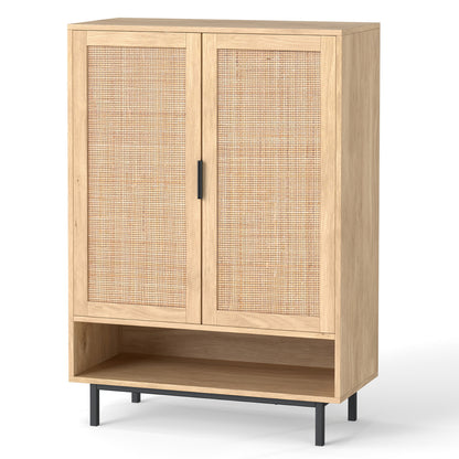 43-inch tall shoe cabinet with six tiers and double doors in natural wood finish, ideal for entryway shoe storage.