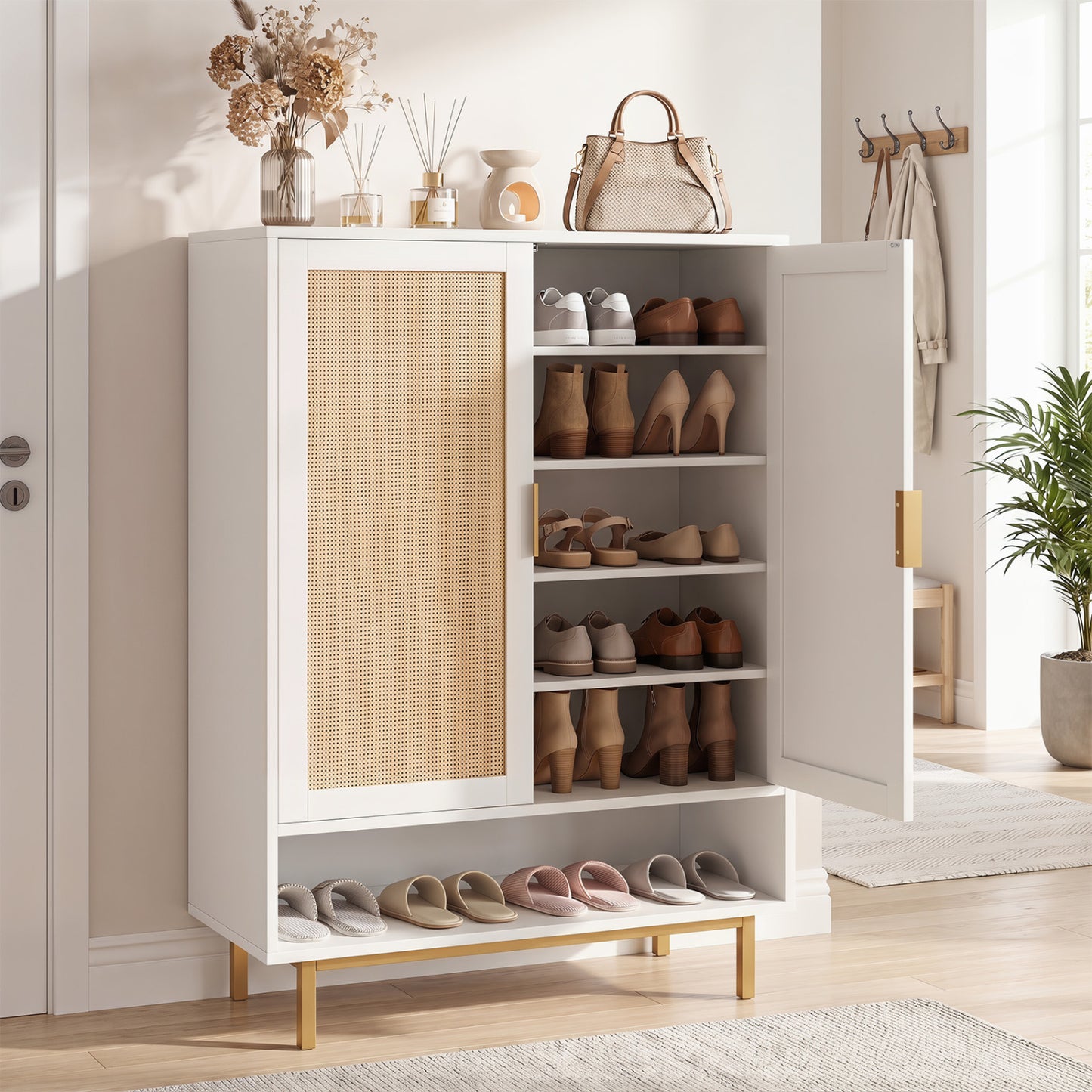 Natural wood 43-inch 6-tier shoe cabinet with double doors, tall entryway storage solution by Wilsons Home Store