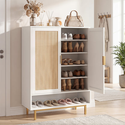 Natural wood 43-inch 6-tier shoe cabinet with double doors, tall entryway storage solution by Wilsons Home Store