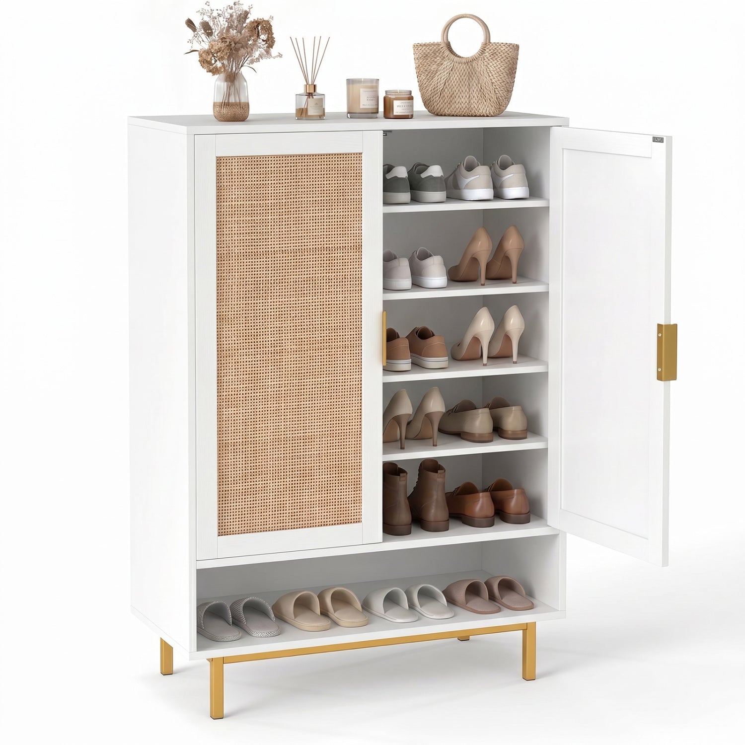 43-inch tall wooden shoe cabinet with six tiers and double doors, natural finish, ideal for entryway shoe storage.