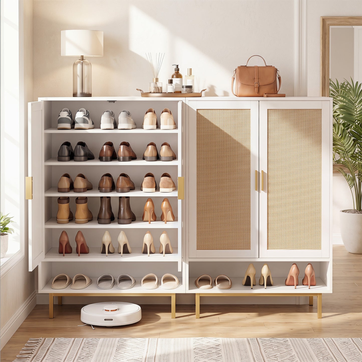 43-inch tall wooden shoe cabinet with six tiers and double doors, natural finish, ideal for entryway storage.