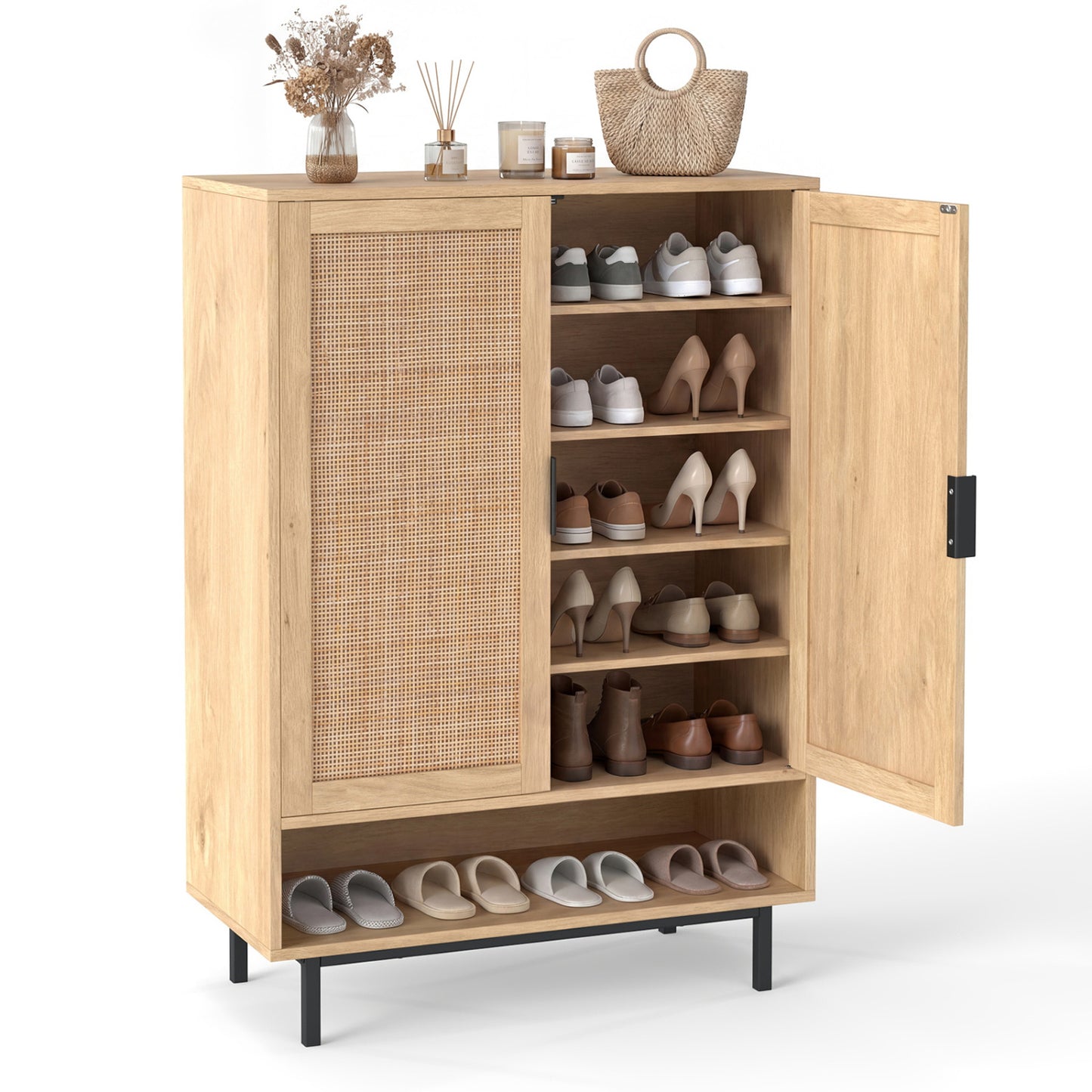 43-inch tall shoe cabinet with six tiers and double doors in a natural wood finish, ideal for entryway shoe storage.
