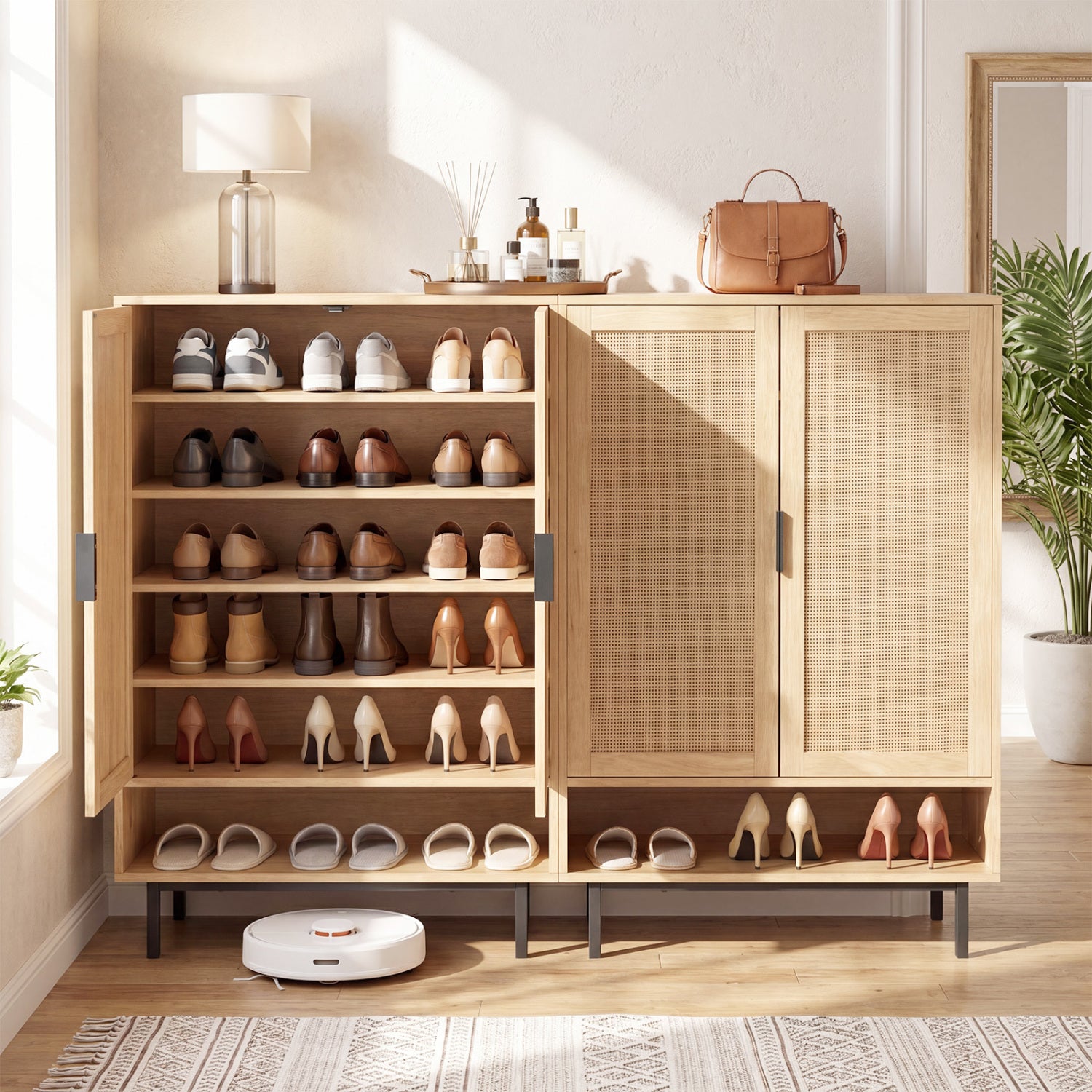 43 inch tall shoe cabinet with six tiers and double doors in natural finish, storage for entryway organization.