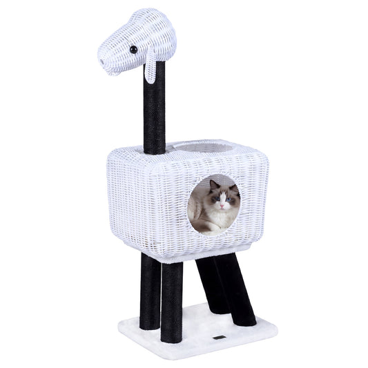 43-Inch Lamb-Shaped Cat Tower with 2-Door Rattan Condo for Indoor Kittens-White