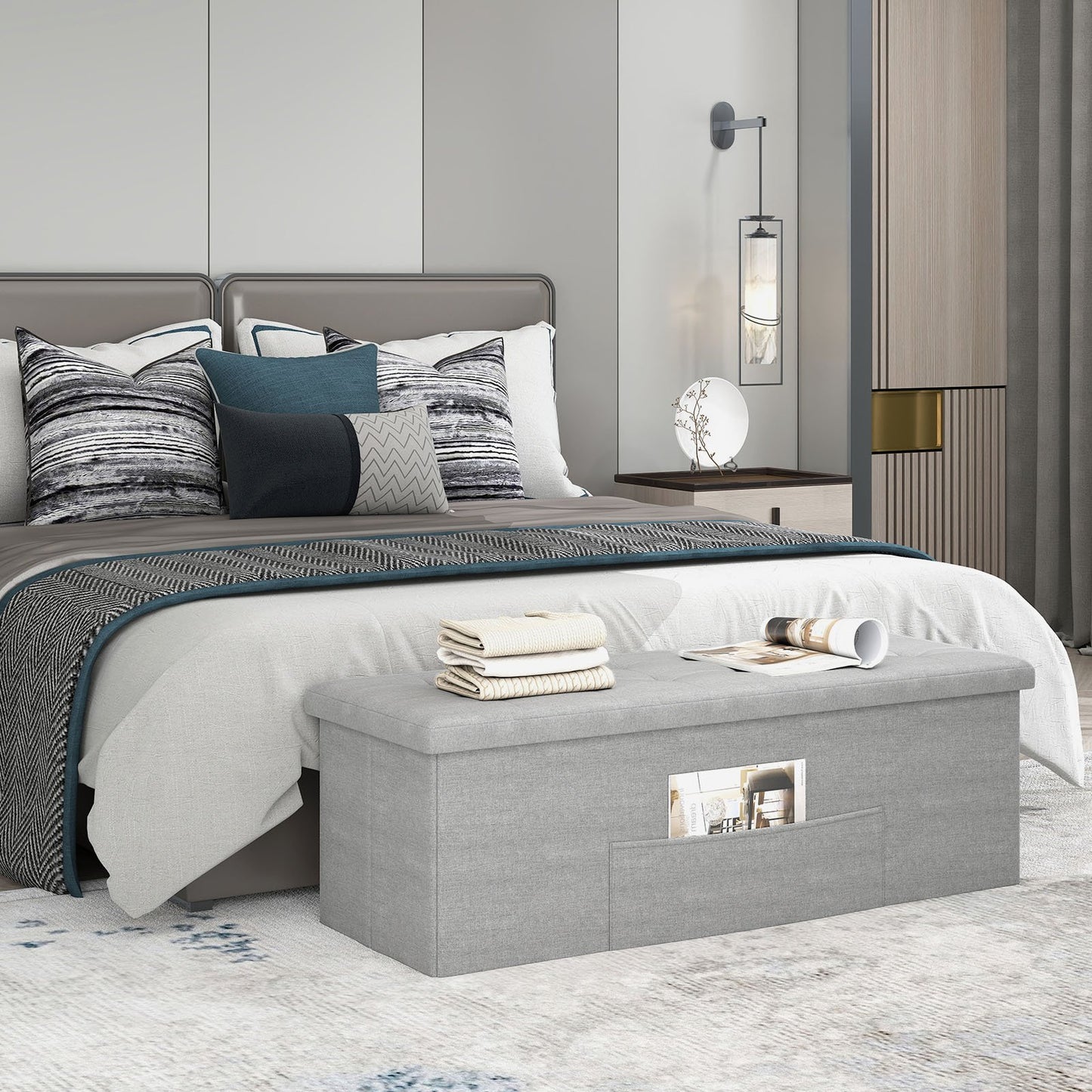 43 Inches Folding Storage Ottoman Bench Linen End of Bed Bench with Padded Seat-Dark Gray