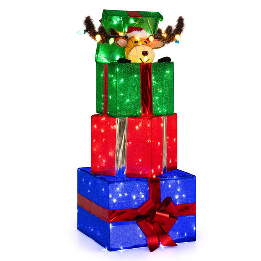 LED-lit motorized reindeer holiday yard decoration, 44.5 inches tall, with bow for indoor or outdoor Christmas decor.