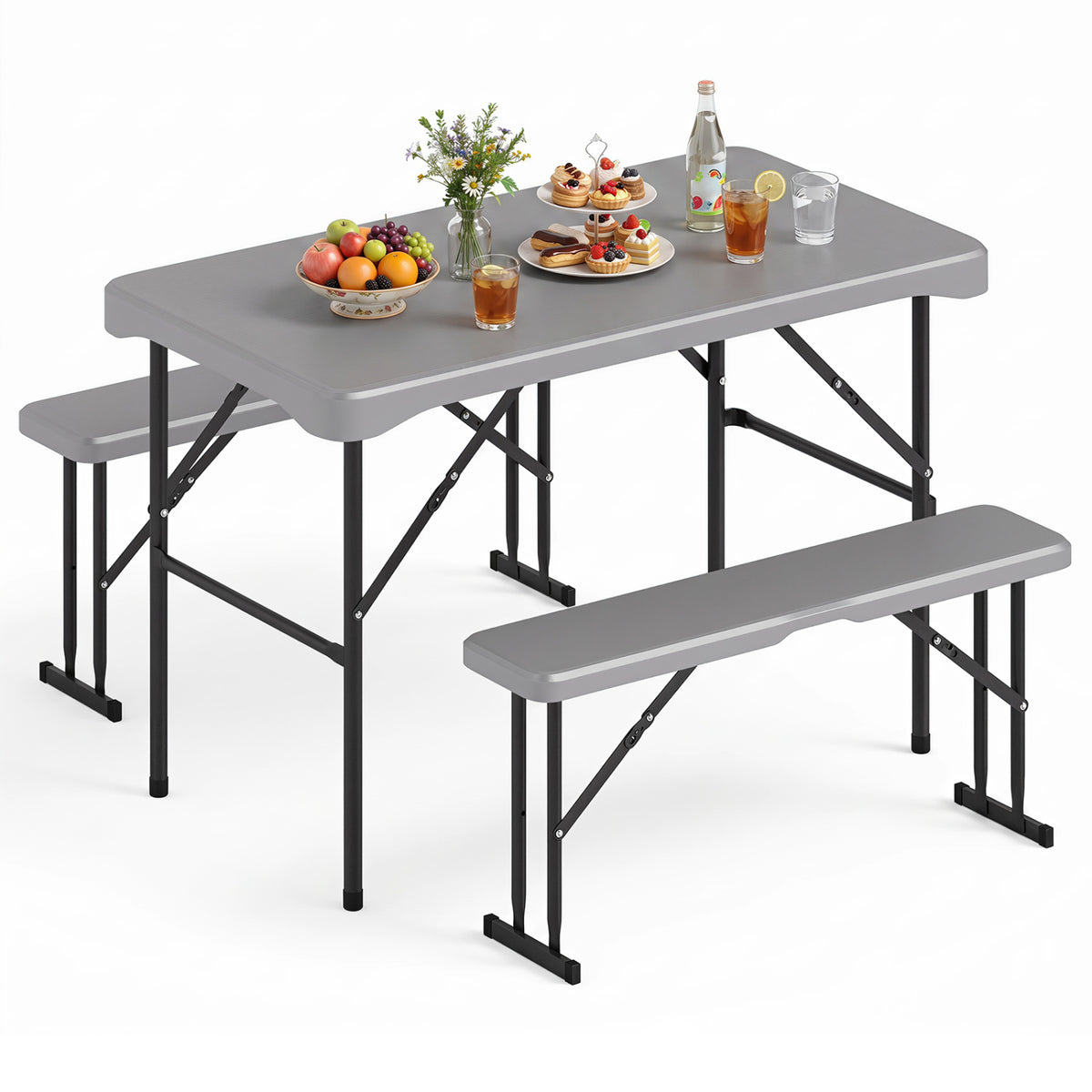 Gray 44-inch HDPE folding picnic table with two benches, outdoor patio furniture for camping or backyard gatherings.