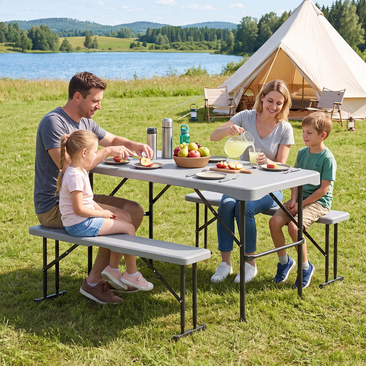 Gray 44-inch HDPE folding picnic table with two benches, outdoor patio furniture for camping or backyard dining.