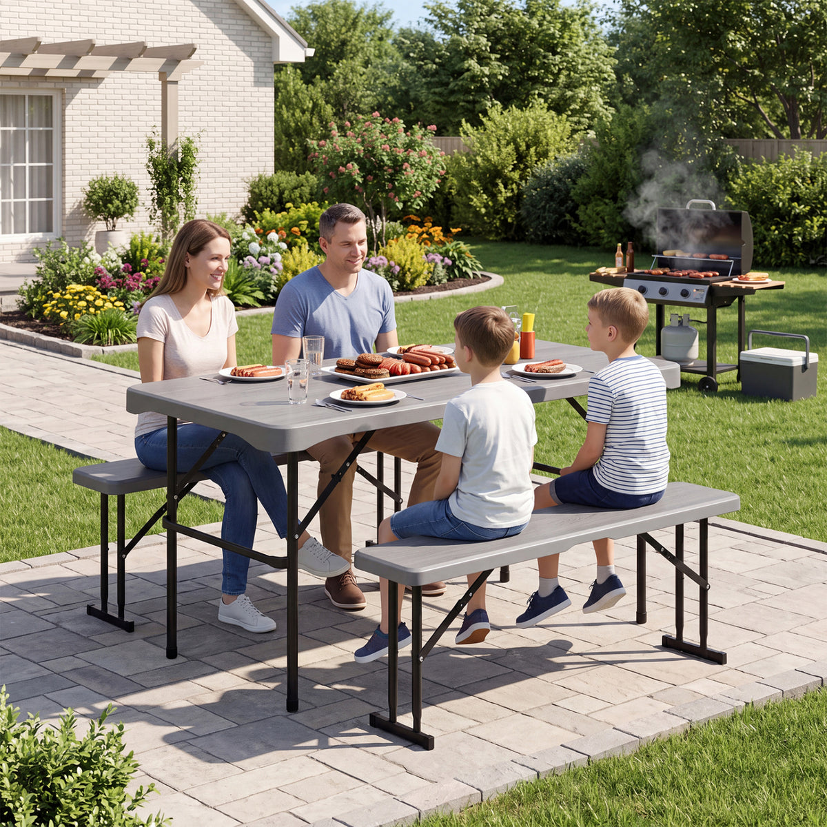 Gray 44-inch HDPE folding picnic table set with two benches, ideal for outdoor patio and picnic area use.