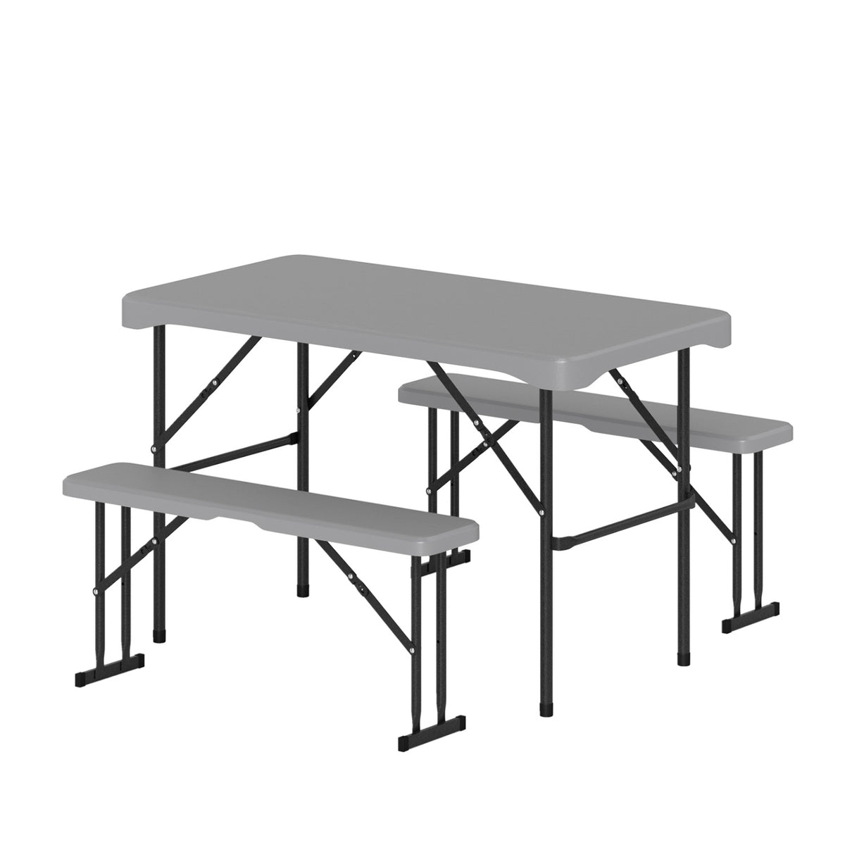 Gray 44-inch HDPE folding picnic table with two benches, outdoor patio furniture by Wilsons Home Store.