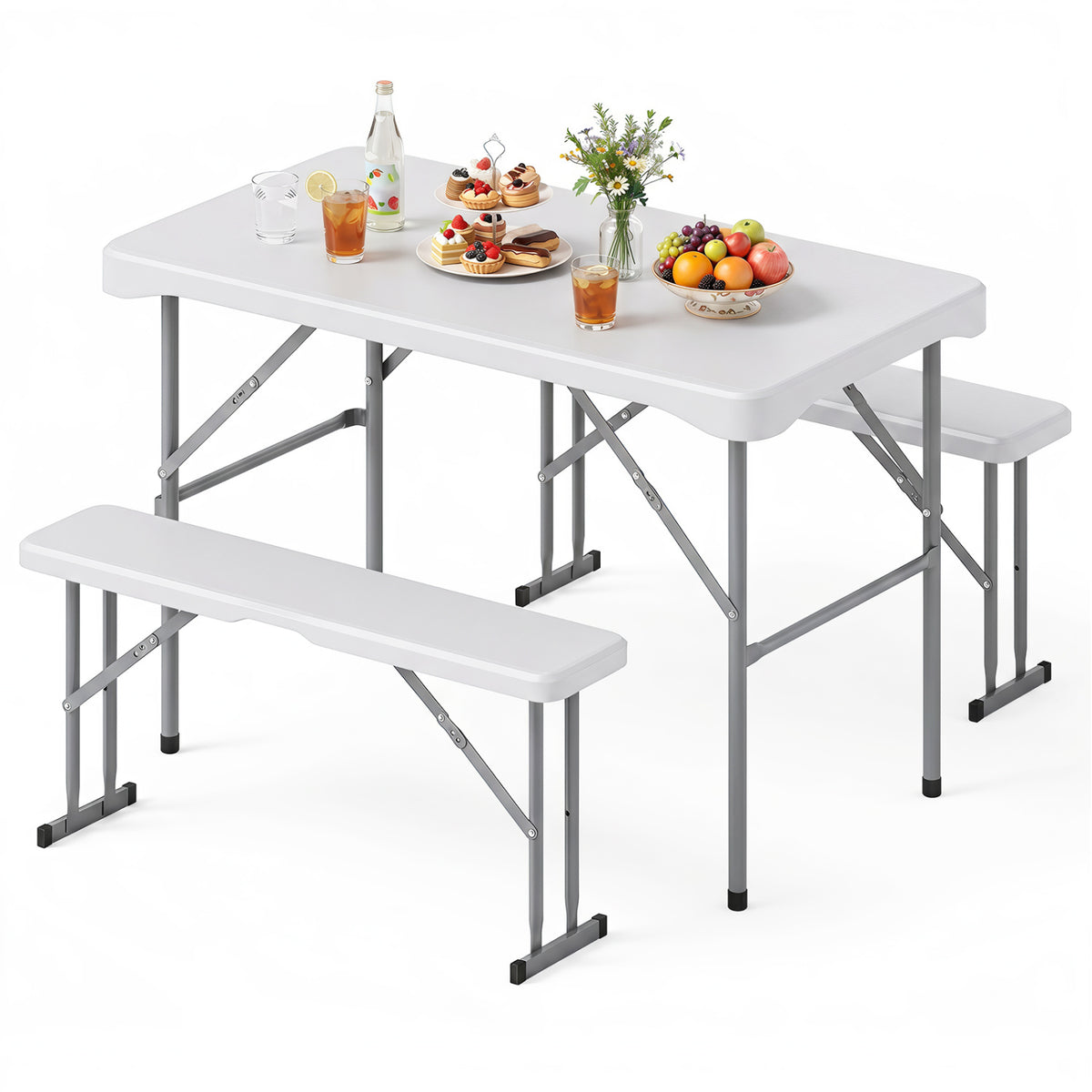 Gray 44-inch HDPE folding picnic table set with two benches, ideal for outdoor patio and garden gatherings.