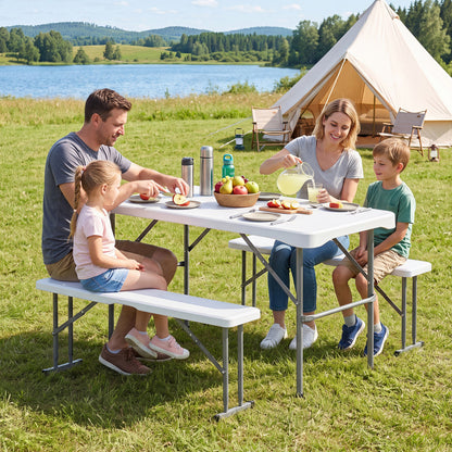Gray 44-inch HDPE folding picnic table set with two benches, ideal for outdoor patio and camping use.