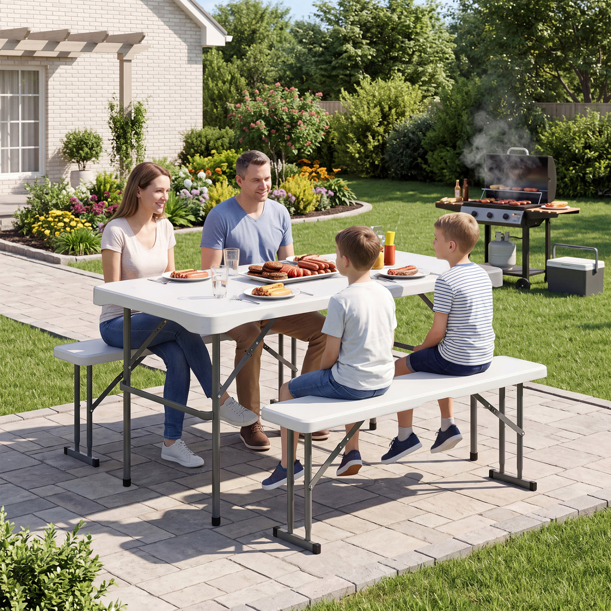 Gray 44-inch HDPE folding picnic table set with two benches, outdoor patio furniture for outdoor dining and gatherings.