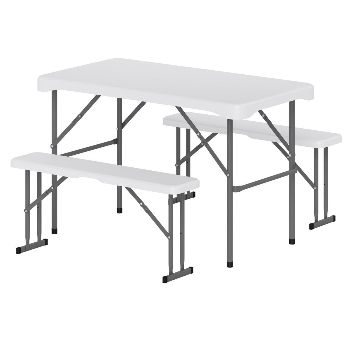 Gray 44-inch HDPE folding picnic table set with two benches, ideal for outdoor patio and camping use.