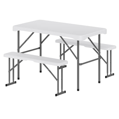 Gray 44-inch HDPE folding picnic table set with two benches, ideal for outdoor patio and camping use.