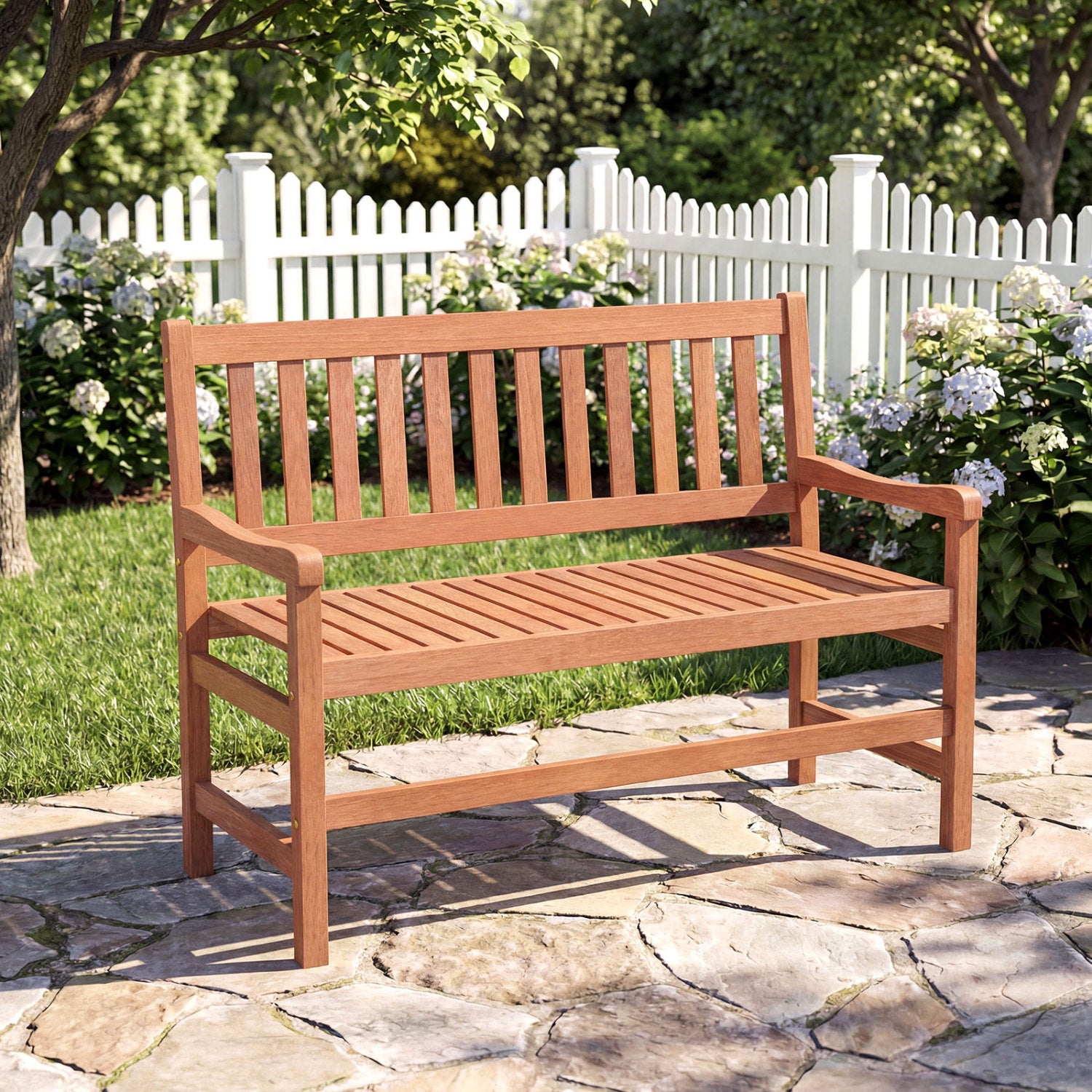 44 inch outdoor loveseat bench by Wilsons Home Store, two-seat patio bench with wooden slats and sturdy frame for outdoor seating.