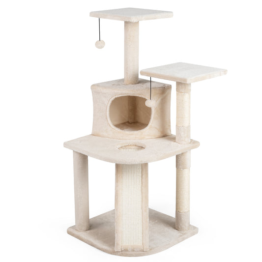 Beige 44-inch tall kitten tower with condo and two plush perches, perfect for cats to climb, play, and rest.