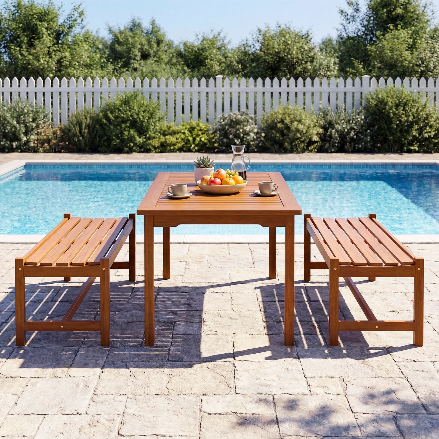 44" Patio Wood Bench Set of 2 Outdoor Solid Hardwood Dining Bench with Teak Oil Finish