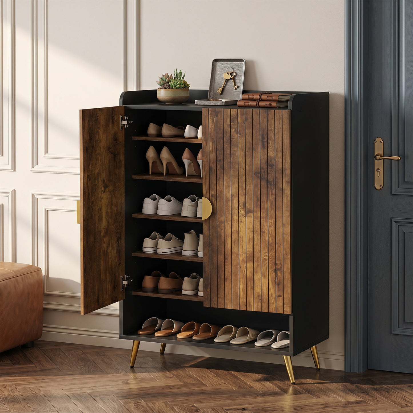 44" Tall Shoe Storage Cabinet with 7-Tier Doors and Adjustable Shelves for Entryway-Natural