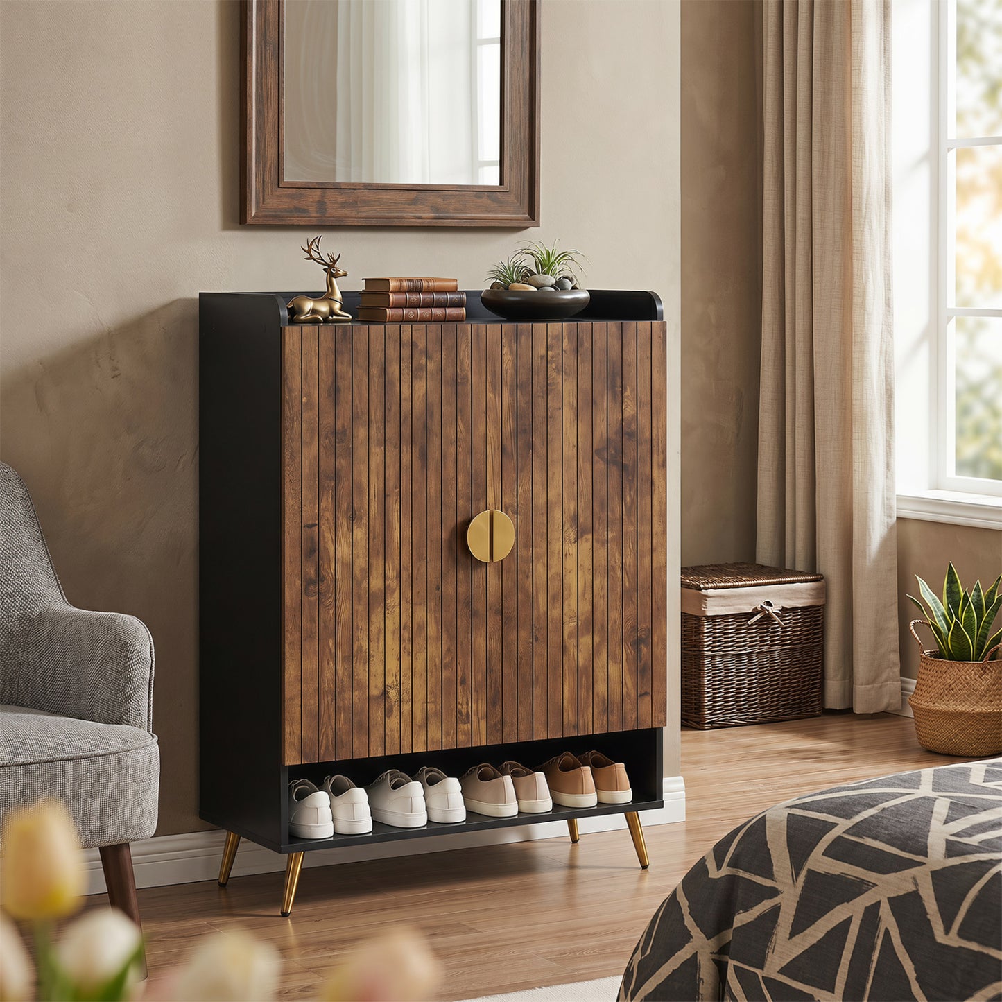 44" Tall Shoe Storage Cabinet with 7-Tier Doors and Adjustable Shelves for Entryway-Natural