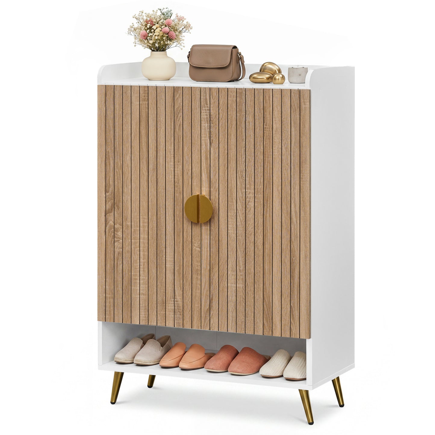 44" Tall Shoe Storage Cabinet with 7-Tier Doors and Adjustable Shelves for Entryway-Natural