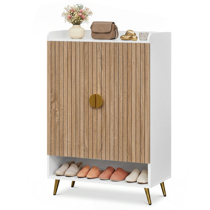 44" Tall Shoe Storage Cabinet with 7-Tier Doors and Adjustable Shelves for Entryway-Natural
