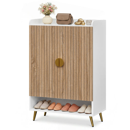 Tall shoe storage cabinet with 7-tier doors and adjustable shelves in natural finish, ideal for entryway organization.