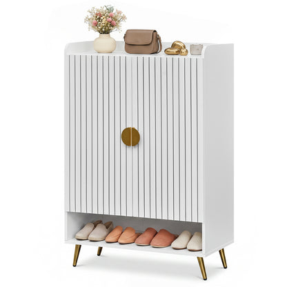 44" Tall Shoe Storage Cabinet with 7-Tier Doors and Adjustable Shelves for Entryway-Natural