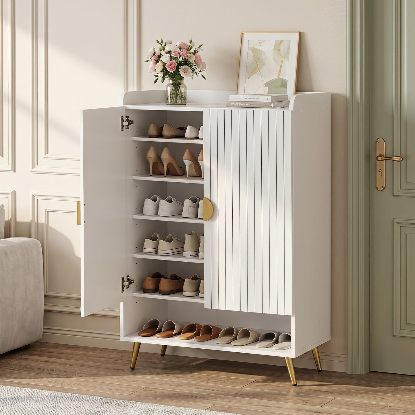 44" Tall Shoe Storage Cabinet with 7-Tier Doors and Adjustable Shelves for Entryway-Natural