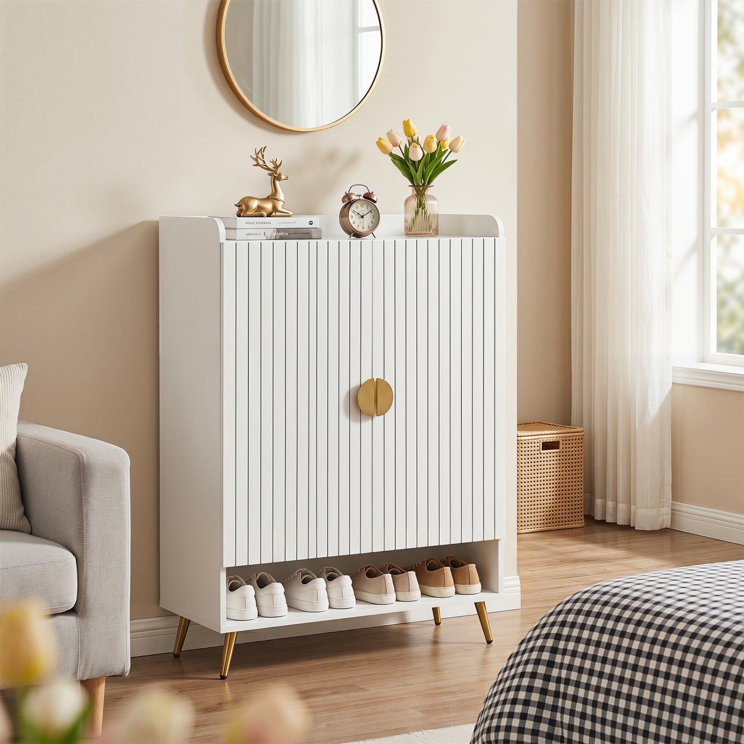 44" Tall Shoe Storage Cabinet with 7-Tier Doors and Adjustable Shelves for Entryway-Natural
