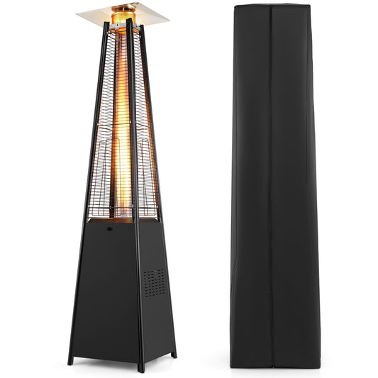 Black 45000 BTU pyramid patio heater with wheels, zippered cover, and triple safety protection for outdoor heating.