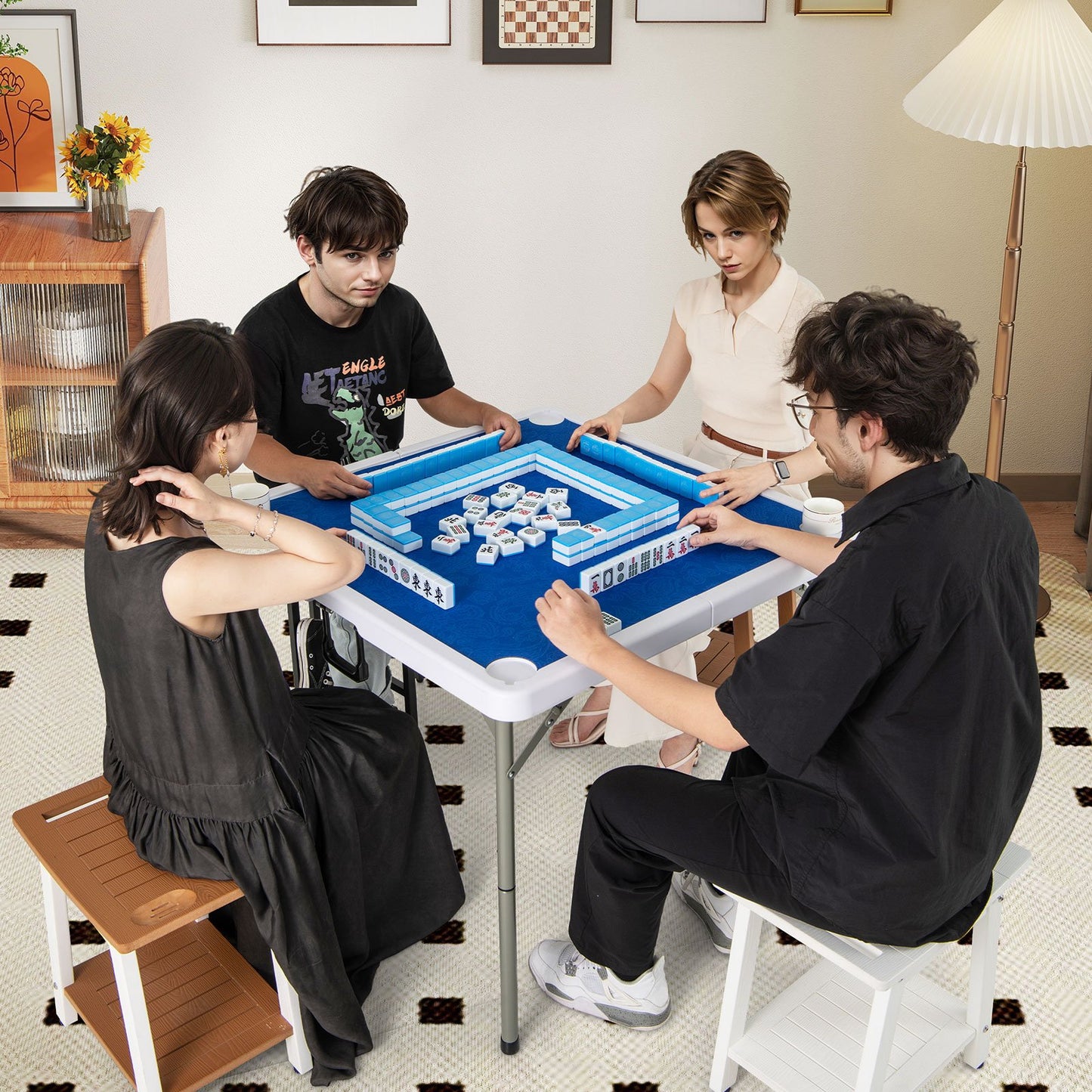 35 Inch 4 Player Game Card Folding Mahjong Table with Cup Holders-Blue