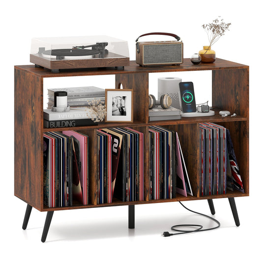 Record Player Stand with Charging Station and Open Shelves-Rustic Brown