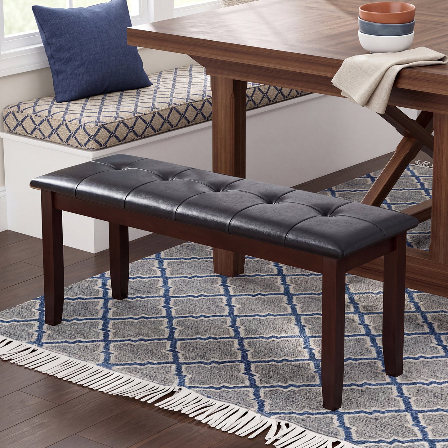 45.5" PU Leather Upholstered Bench with Soft Padded Seat and Strong Rubber Wood Legs-Brown
