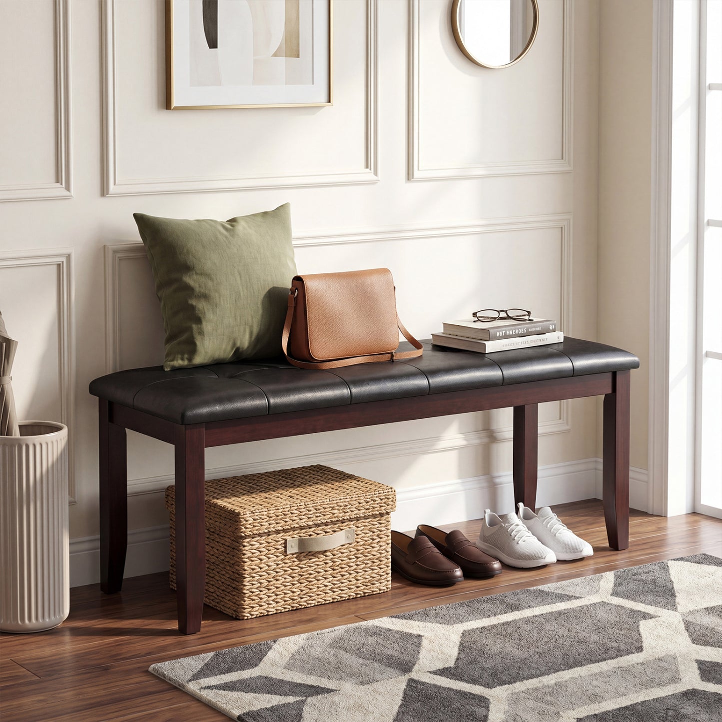 45.5" PU Leather Upholstered Bench with Soft Padded Seat and Strong Rubber Wood Legs-Brown