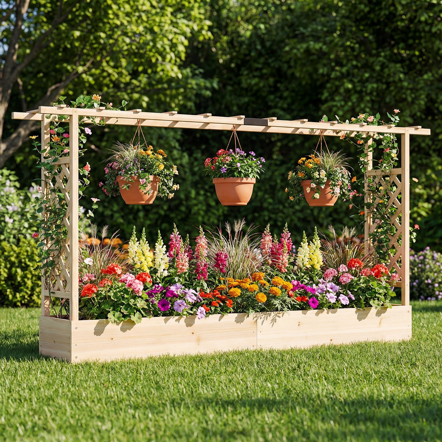 45 Inch Tall Wooden Raised Garden Bed with Side Trellis and Hanging Roof Drainage Holes-Natural