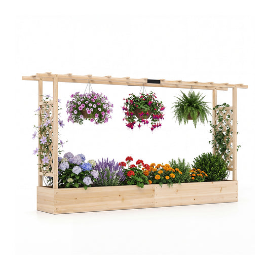 45 Inch Tall Wooden Raised Garden Bed with Side Trellis and Hanging Roof Drainage Holes-Natural