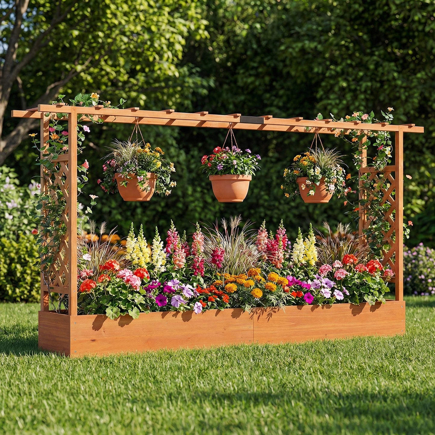 45 Inch Tall Wooden Raised Garden Bed with Side Trellis and Hanging Roof Drainage Holes-Natural