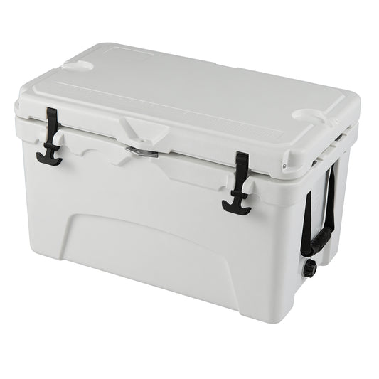 White 45-quart portable hard cooler by Wilsons Home Store, insulated ice chest for camping, keeps contents cold up to 6 days.