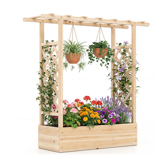 45 inch Tall Wooden Raised Garden Bed with Side Trellis and Hanging Roof-Natural
