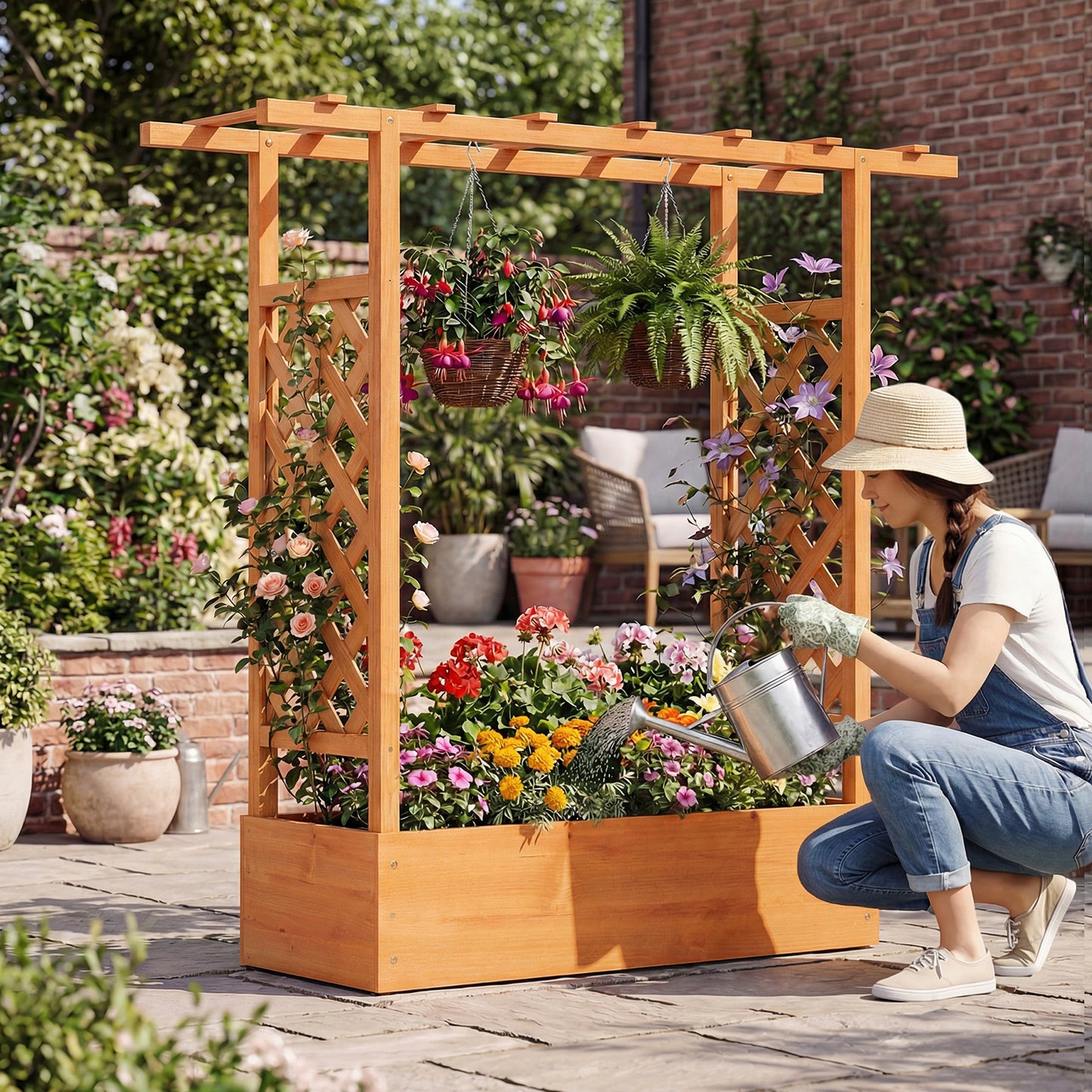 45 inch Tall Wooden Raised Garden Bed with Side Trellis and Hanging Roof-Natural