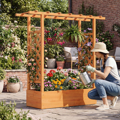 45 inch Tall Wooden Raised Garden Bed with Side Trellis and Hanging Roof-Natural